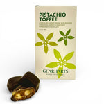 Gearharts pistachio toffee packaging with a piece of toffee on a white background