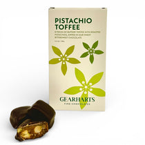 Gearharts pistachio toffee packaging with a piece of toffee on a white background